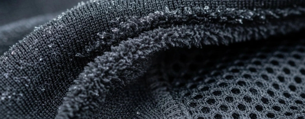 Macro détaillée d’une cagoule technique avec doublure polaire et tissu mesh respirant, montrant la texture chaude et la ventilation d’un équipement d’hiver haut performance