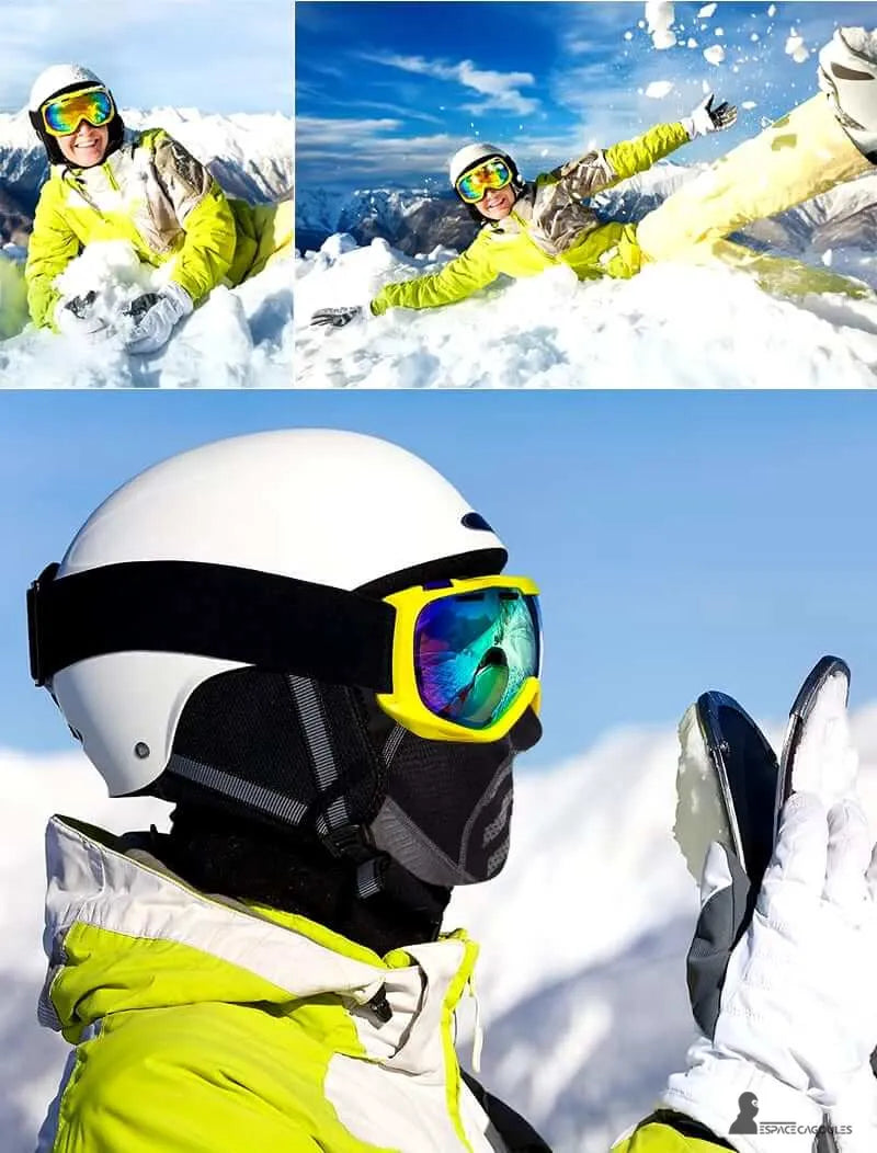 Black balaclava for skiing worn in mountain resorts, with skiers playing in the snow and integrated helmet and goggle protection.