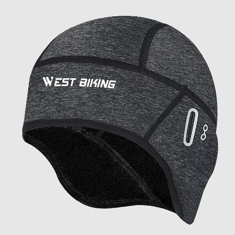 Bob sous casque en tissu gris foncé, conçu pour le cyclisme, avec logo West Biking et coutures renforcées et passage de lunettes