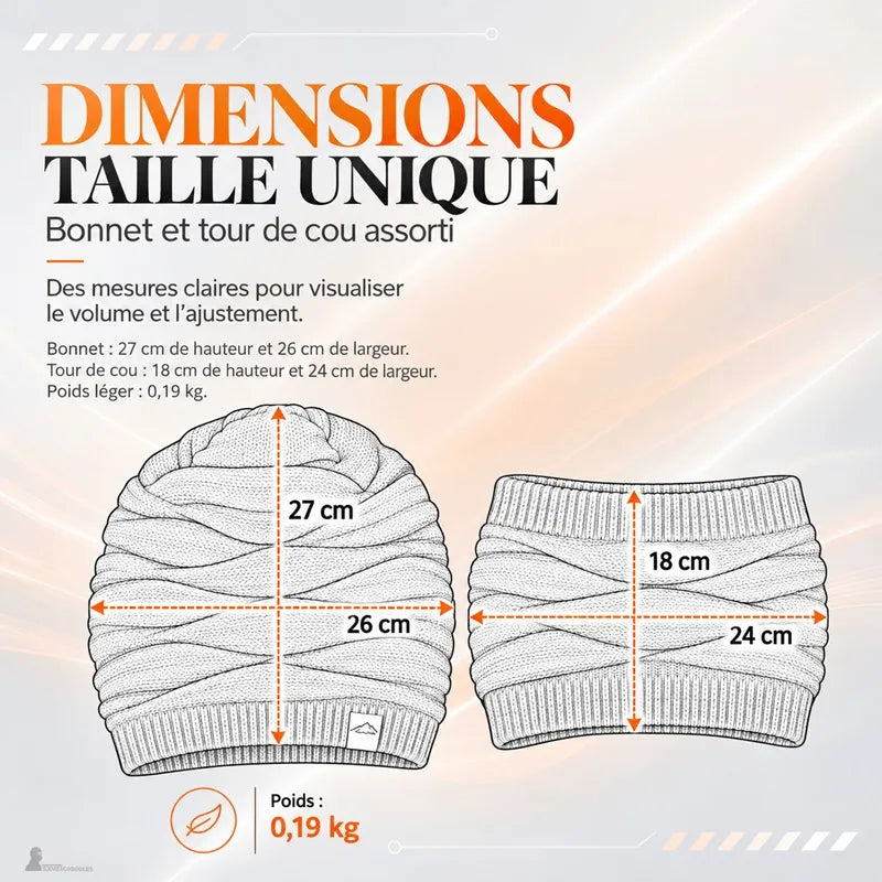 Dimensions du bonnet cagoule 2 en 1 Duo : bonnet 27 x 26 cm, tour de cou 18 x 24 cm, 0,19 kg - Espace Cagoules