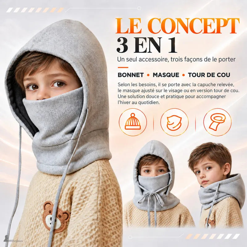 Bonnet cagoule enfant gris 3 en 1 porté par un garçon en version bonnet, masque et tour de cou - Espace Cagoules