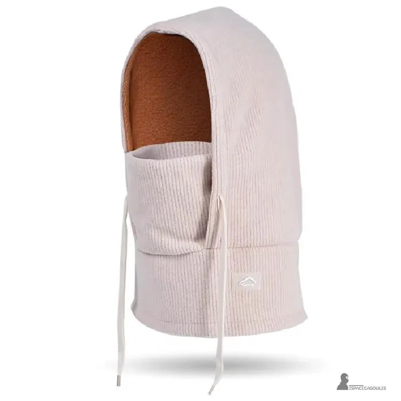 Bonnet cagoule enfant beige clair en tissu côtelé doux et intérieur polaire chaud pour protection hivernale - Espace Cagoules
