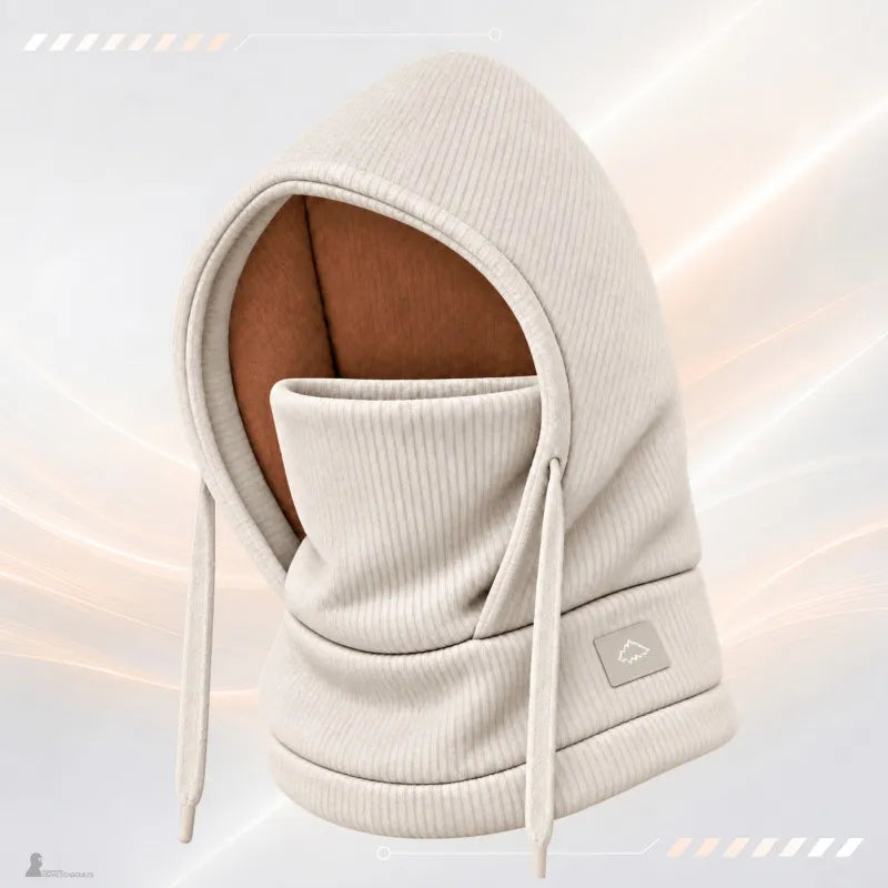Bonnet cagoule enfant beige en maille côtelée avec doublure camel, masque intégré et cordons de serrage - Espace Cagoules