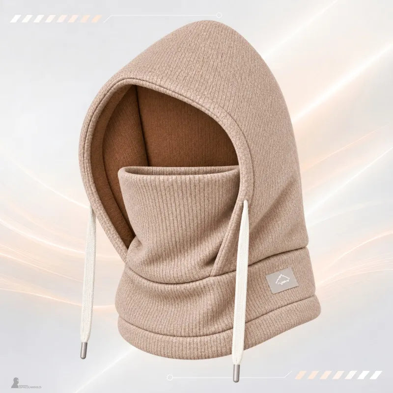 Bonnet cagoule enfant camel en maille côtelée avec cordons de serrage blancs et doublure assortie - Espace Cagoules