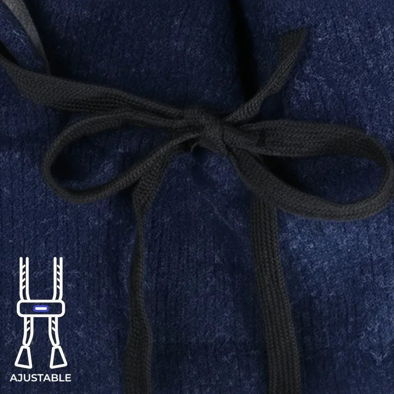 Bonnet cagoule enfant zoom sur cordons noirs ajustables avec texture polaire bleu marine et icône ajustable - Espace Cagoules