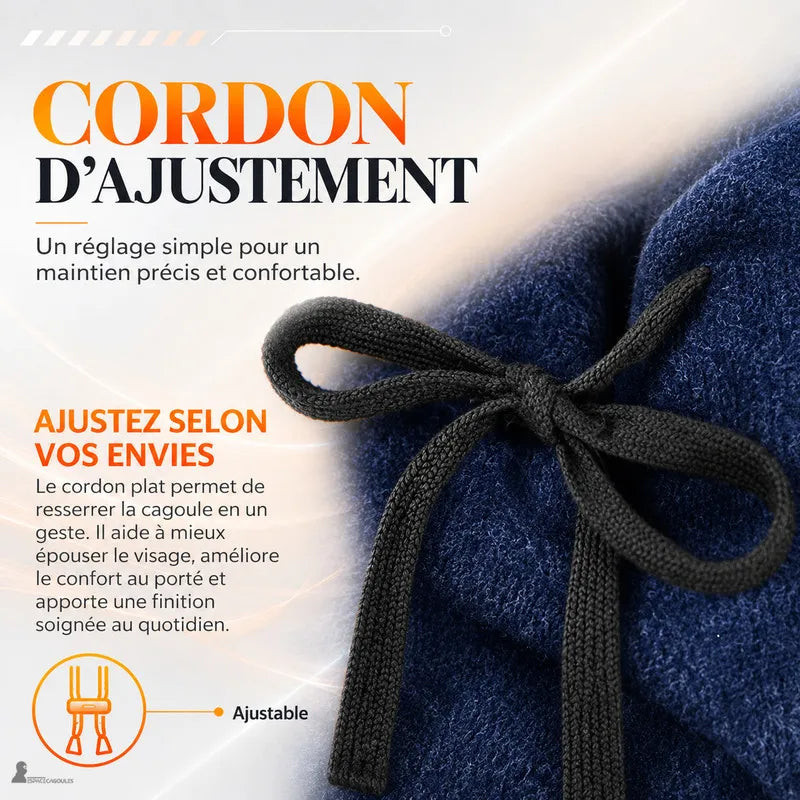 Gros plan sur le cordon plat noué qui permet d'ajuster le bonnet cagoule enfant au visage - Espace Cagoules