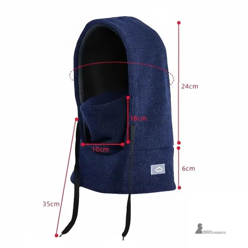 Bonnet cagoule enfant bleu marine avec mesures détaillées en centimètres pour la hauteur et la largeur - Espace Cagoules