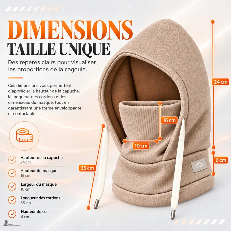 Dimensions du bonnet cagoule enfant taille unique : capuche 24 cm, masque 16 x 10 cm, cordons 35 cm, col 6 cm - Espace Cagoules