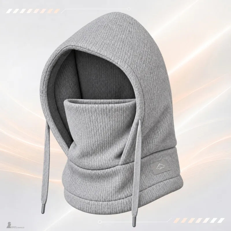 Bonnet cagoule enfant gris chiné en maille côtelée avec masque intégré et cordons gris - Espace Cagoules