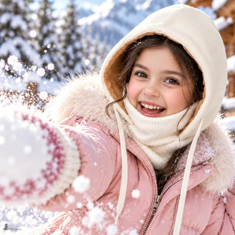Fillette souriante en bonnet cagoule enfant blanc et doudoune rose, lançant de la neige devant un chalet - Espace Cagoules