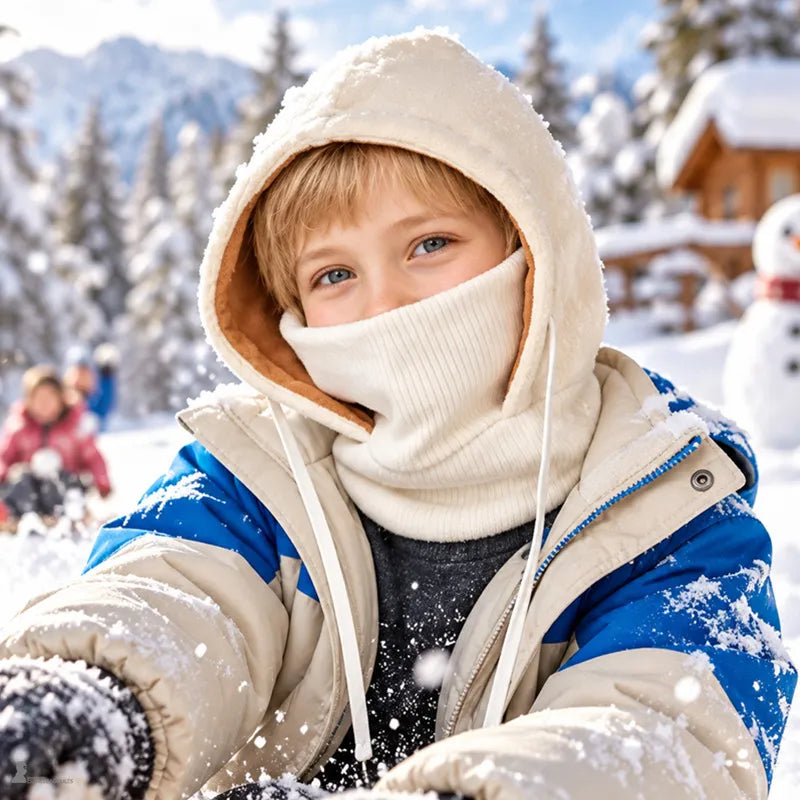 Garçon portant un bonnet cagoule enfant blanc à doublure camel, masque relevé sur le nez, dans un décor enneigé avec bonhomme de neige - Espace Cagoules