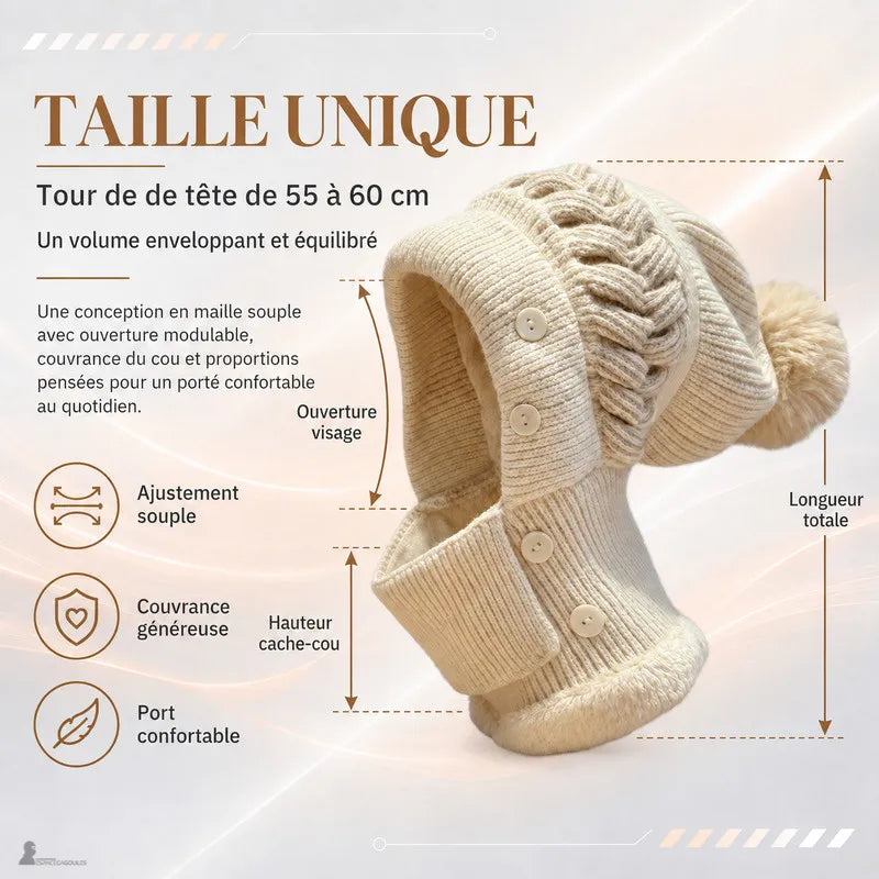 Schéma des dimensions du bonnet cagoule femme Léna : taille unique tour de tête 55 à 60 cm et hauteur cache-cou - Espace Cagoules