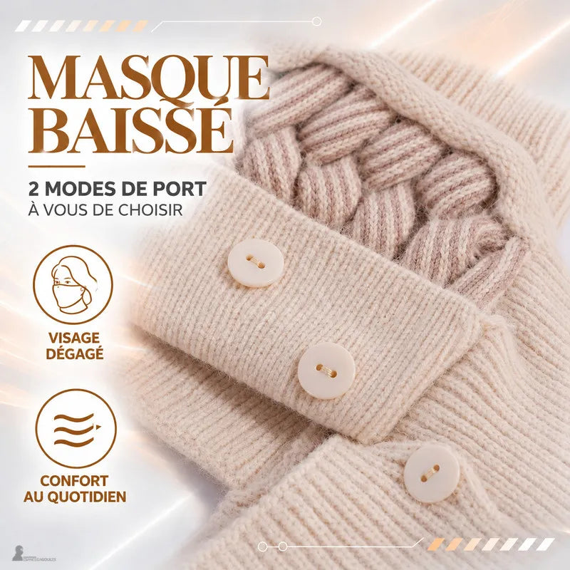 Détail du masque baissé du bonnet cagoule femme Léna : boutons bois sur maille côtelée, visage dégagé - Espace Cagoules
