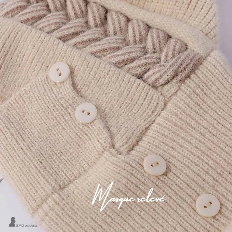 Beige Damen Sturmhaube Mütze aus dickem Strick mit seitlichen Knöpfen und Flechtmuster, Maske oben, Espace Cagoules