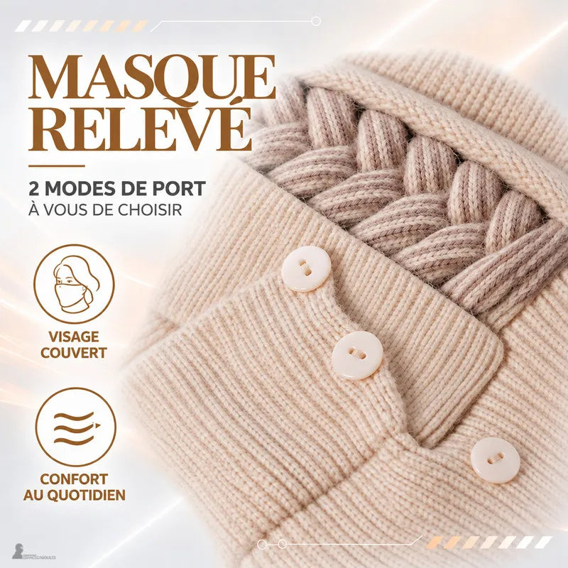 Détail du masque relevé du bonnet cagoule femme Léna : maille refermée par boutons pour couvrir le visage - Espace Cagoules