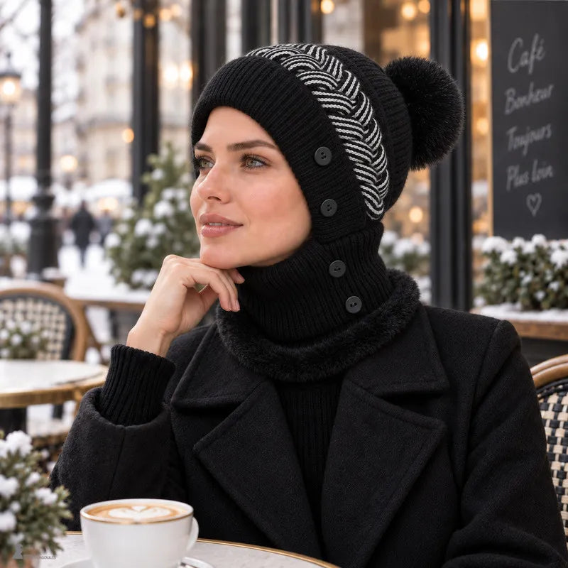 Femme portant le bonnet cagoule Léna noir en terrasse de café, masque baissé et visage découvert - Espace Cagoules