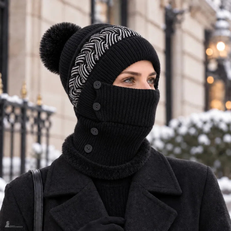 Femme portant le bonnet cagoule Léna noir, masque relevé couvrant le bas du visage en ville enneigée - Espace Cagoules