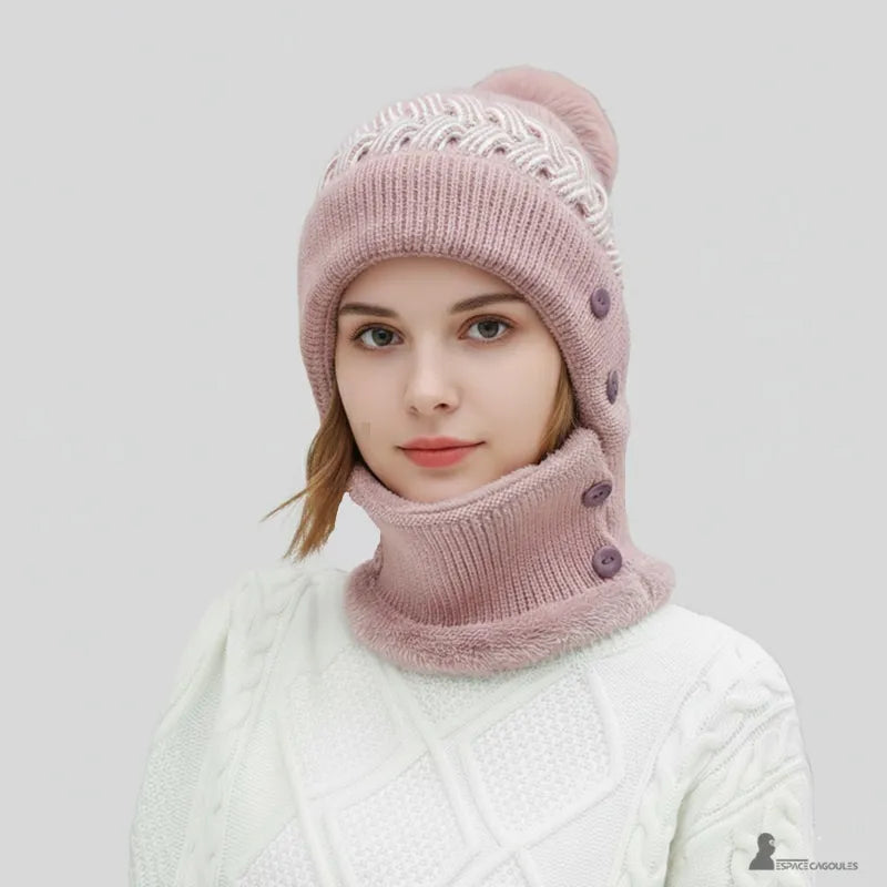 Rosa Damen-Sturmhaubenmütze getragen, abgesenkte Maske, warmer Strick und passender Bommel, Espace Cagoules