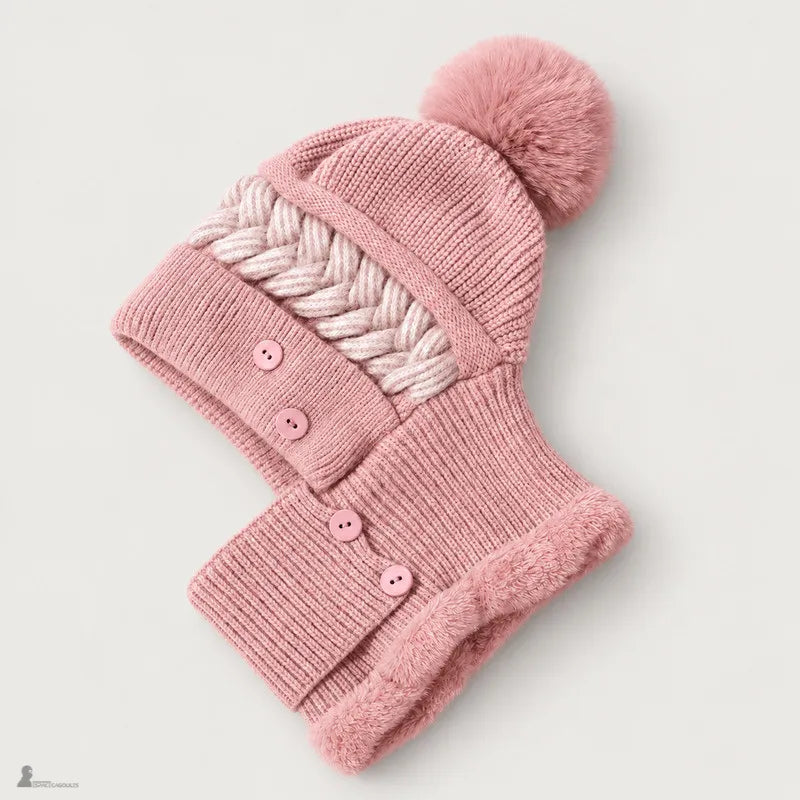 Bonnet cagoule femme Léna coloris rose posé à plat, torsade écrue, boutons assortis et bordure polaire - Espace Cagoules