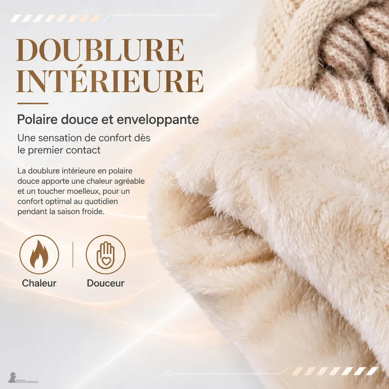 Gros plan sur la doublure polaire intérieure du bonnet cagoule femme Léna, texture douce et chaude - Espace Cagoules