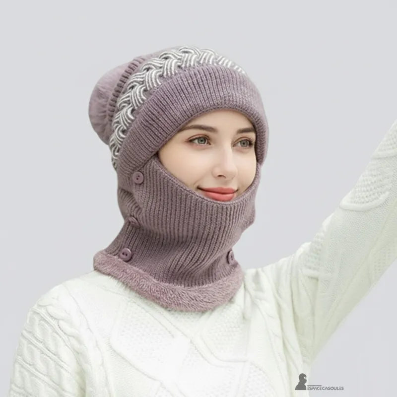 Lila Damen-Sturmhaubenmütze, die im Freien getragen wird, halb heruntergelassene Maske, dicker Strick und passende Knöpfe, Espace Cagoules