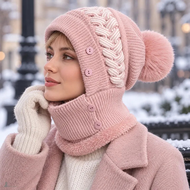 Femme portant le bonnet cagoule Léna rose, masque baissé et visage dégagé sous la neige - Espace Cagoules