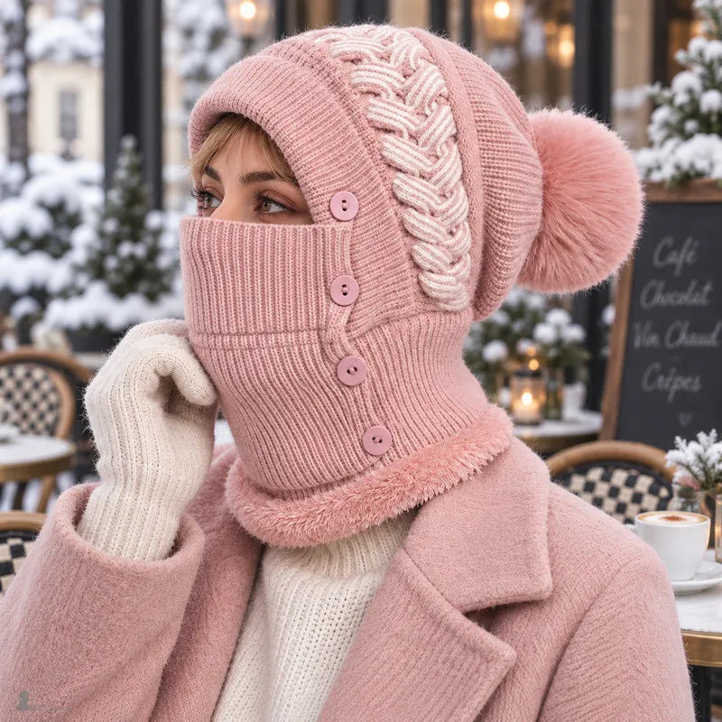 Femme portant le bonnet cagoule Léna rose en terrasse, masque relevé couvrant le bas du visage - Espace Cagoules