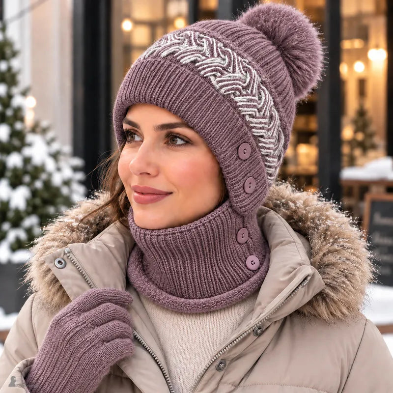 Femme portant le bonnet cagoule Léna mauve avec doudoune, masque baissé et gants assortis - Espace Cagoules