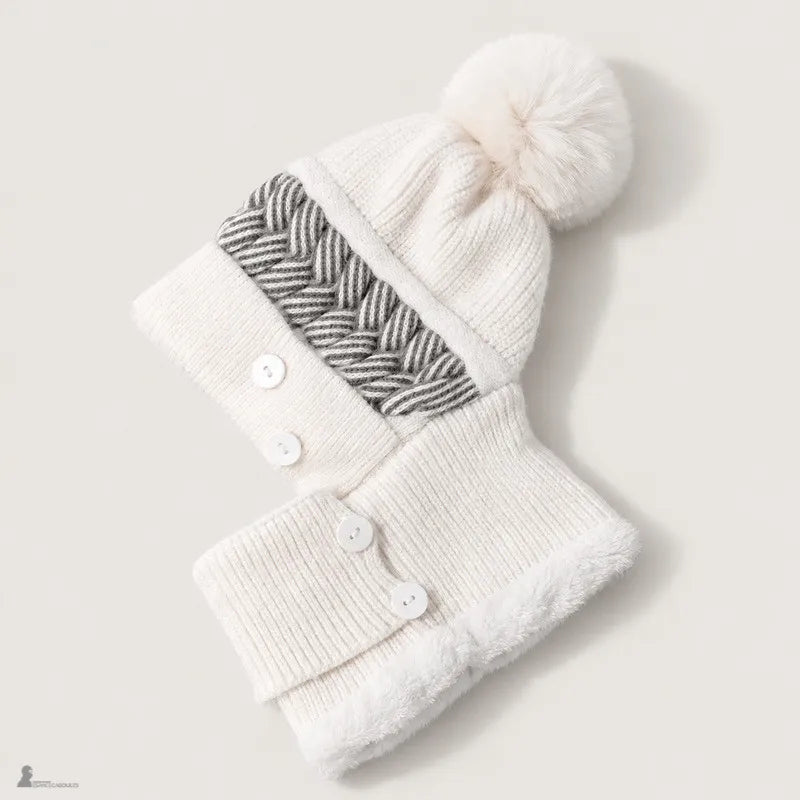 Bonnet cagoule femme Léna coloris blanc posé à plat, pompon assorti et torsade gris chiné - Espace Cagoules