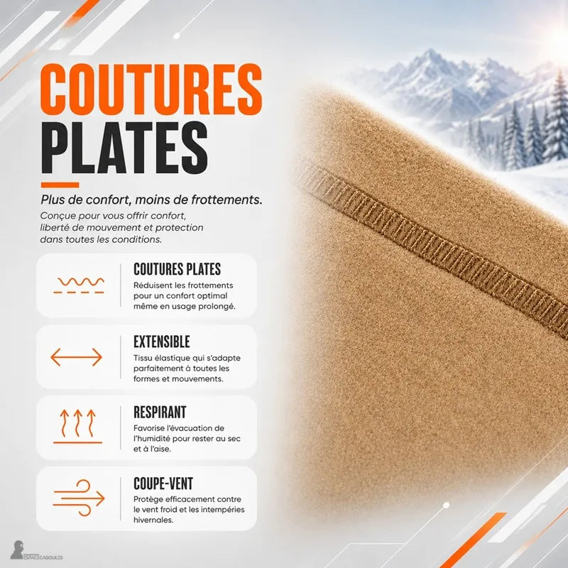 Détail des coutures plates du bonnet cagoule homme Polacor, finition qui limite les frottements en usage prolongé - Espace Cagoules