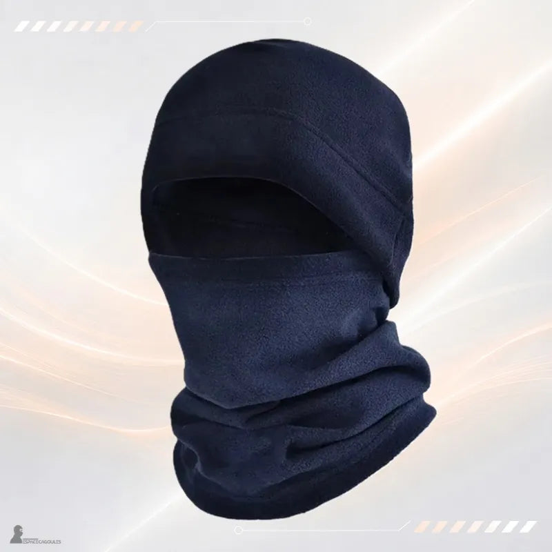 Bonnet cagoule homme Polacor coloris bleu marine porté, capuche polaire et tour de cou couvrant le bas du visage - Espace Cagoules