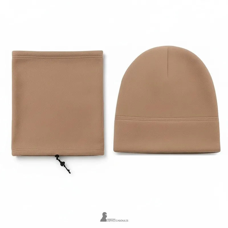 Khakifarbene Fleece-Sturmhaube mit verstellbarem Kordelzug-Halsband, warmes und atmungsaktives zweiteiliges Set für Winteraktivitäten – Espace Cagoules