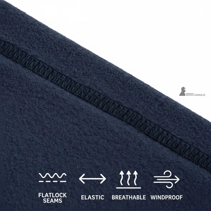 Bonnet cagoule navy avec coutures plates flatlock, tissu élastique, respirant et coupe-vent présenté en gros plan Espace Cagoules