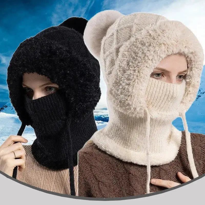 Bonnet cagoule tricot noir ou beige avec doublure en fausse fourrure douce et pompon, design couvrant pour le visage et le cou, parfait pour l'hiver et les activités en extérieur.