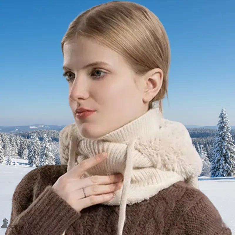 Stickad balaklava - kvinna justerar en beige stickad balaklava i ett snötäckt landskap - Espace Cagoules