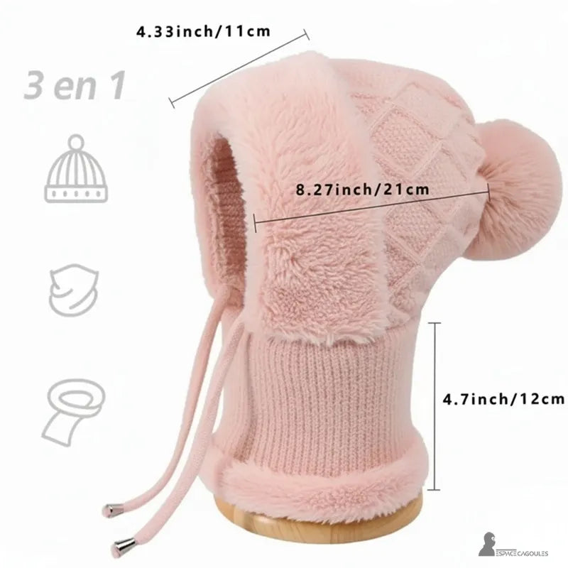 Vista tecnica del berretto passamontagna rosa e kaki con misurazioni dettagliate - Espace Cagoules