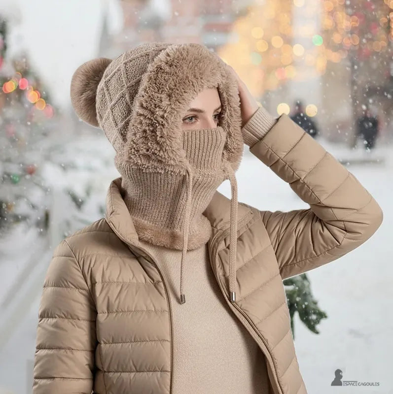 Berretto a passamontagna da donna rosa e kaki in maglia con la versione kaki del passamontagna all'aperto in inverno - Espace Cagoules