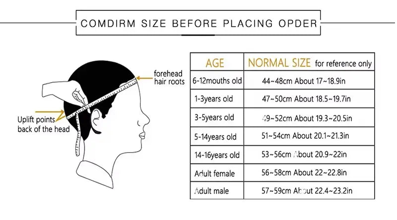Size chart showing the dimensions and the measurement guide to choose a Children's Hat adapted to the morphology of the head.
