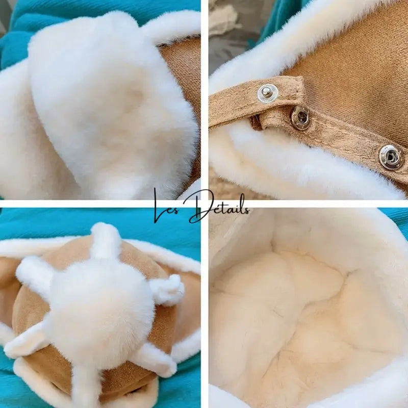 Collage of four close-ups showing the details of a Children's Hat: the soft texture of the faux fur, the fluffy pompom, the reinforced seams and the earcup attachment system.