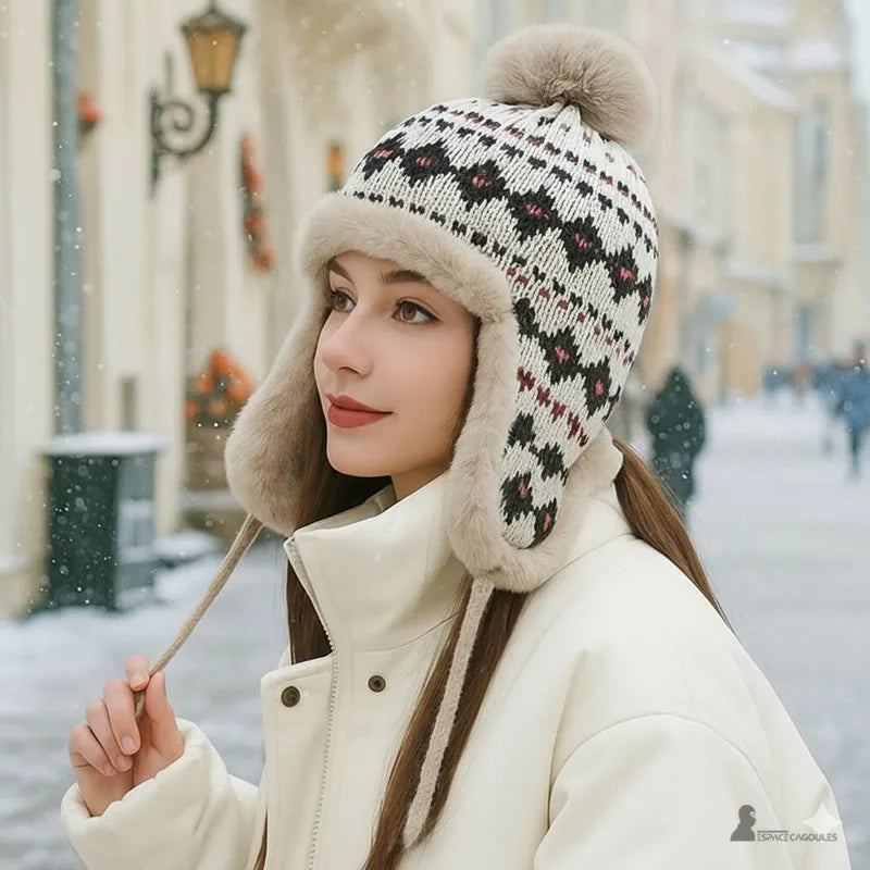 Graue Hapka-Mütze, die von einer Frau in einem leichten Mantel auf einer verschneiten Straße getragen wird, Mütze mit Bommel und traditionellen Mustern