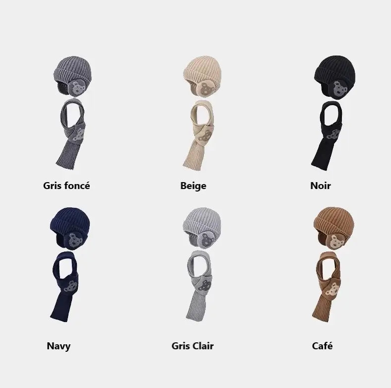 Variations de l'ensemble bonnet écharpe enfant en tricot avec motifs d'ours, disponibles en six couleurs : gris foncé, beige, noir, navy, gris clair et café, présentées sur un fond blanc pour un aperçu clair des options.