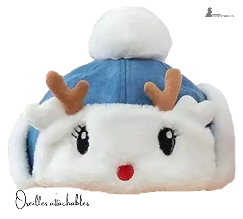 Blue fleece reindeer hat with white pompom and brown ears, frontal view cropped on white background