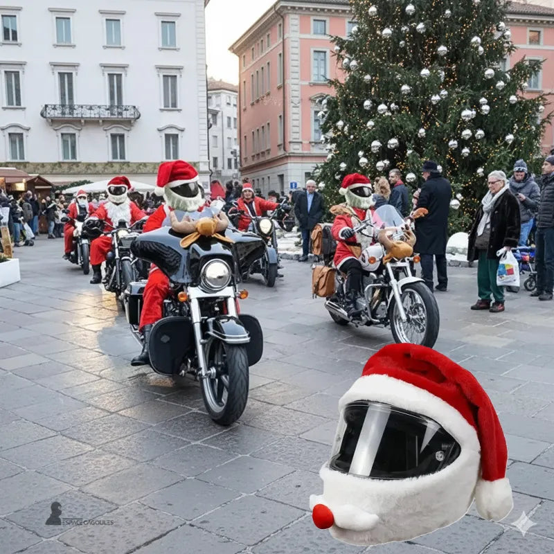 Bonnet père Noël casque moto porté par groupe de motards déguisés en Santa Claus lors d’un défilé de Noël en ville