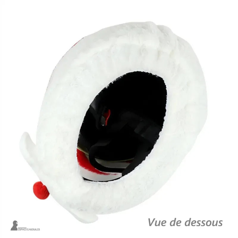 Bonnet père Noël casque moto vue de dessous montrant l’ouverture intérieure doublée de tissu blanc doux et respirant
