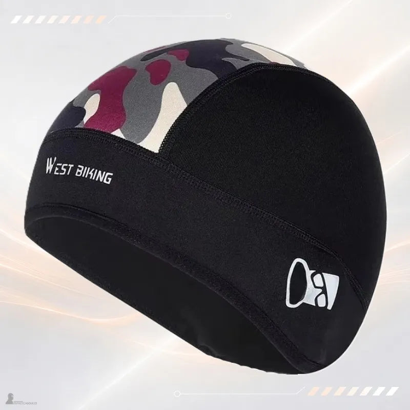 Bonnet sous-casque moto noir avec empiècement camouflage bordeaux et logo réfléchissant - Espace Cagoules