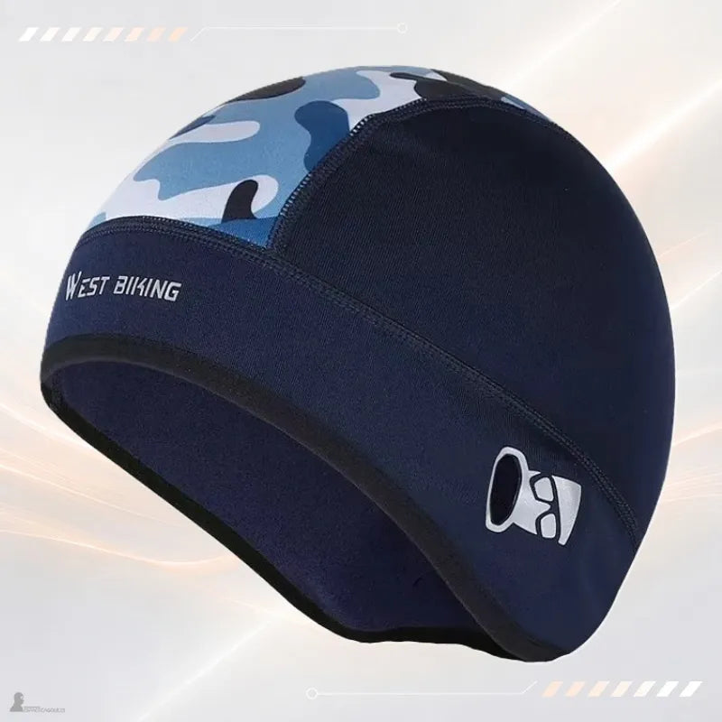 Bonnet sous-casque moto bleu marine à empiècement camouflage bleu, vue de profil - Espace Cagoules