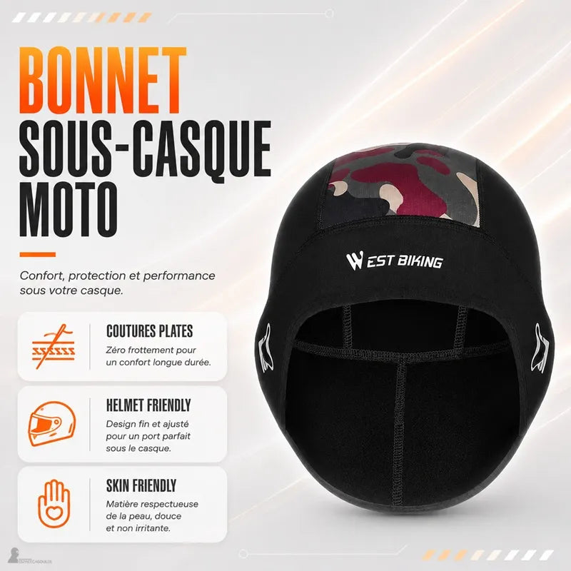 Bonnet sous-casque moto vu de face montrant les coutures plates et le design ajusté helmet friendly - Espace Cagoules