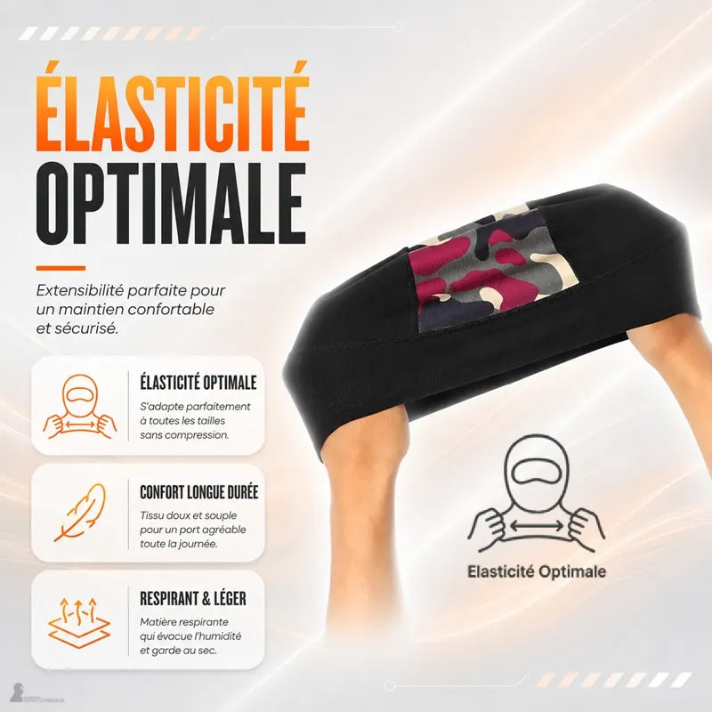 Bonnet sous-casque moto étiré à deux mains illustrant son élasticité et son maintien sans compression - Espace Cagoules