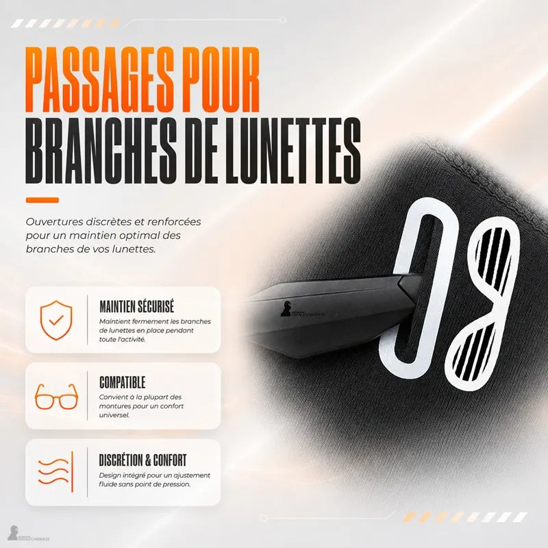 Détail du passage renforcé pour branches de lunettes sur le bonnet sous-casque moto noir - Espace Cagoules