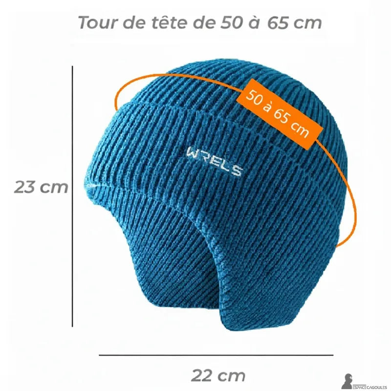 Bonnet sous casque ski en maille tricotée avec indications de dimensions, tour de tête de 50 à 65 cm et hauteur de 23 cm, vue de profil schématisée - Espace Cagoules